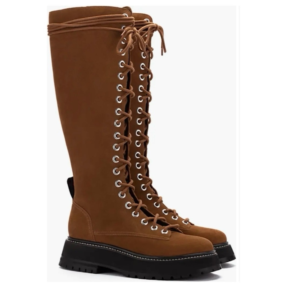 NWB Larroude Lara Knee High Combat Boot Tobacco